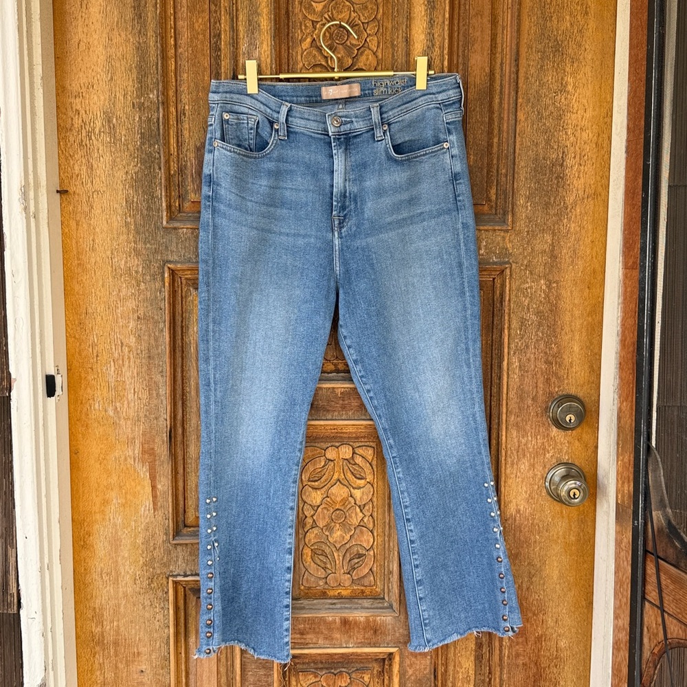 7 for all Mankind Luxe Vintage High Waist Slim Kick Raw Hem Grommets Jean